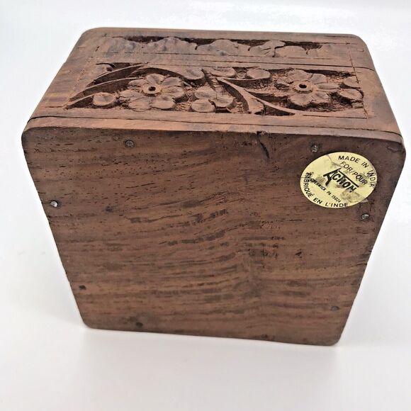 Vintage Hand Carved Wooden Box Inlay Flower Leaves Made In India Hinged Square - Picture 13 of 15
